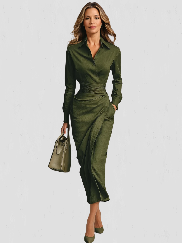 Women's Wrap Dress | Collared Long Sleeve Midi Ruched