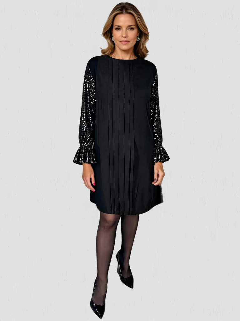Women's Sequin Dress | Midi Length Pleated Sequin Sleeves