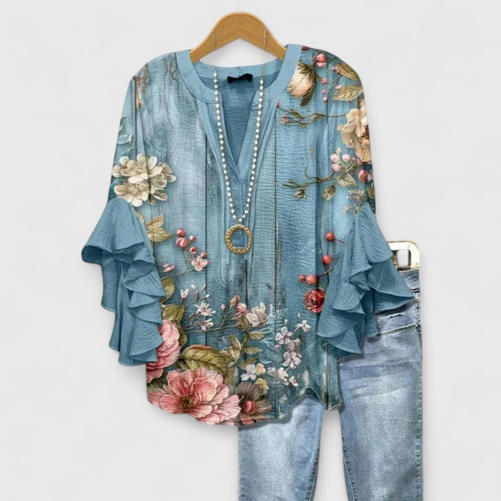 Women's Blouse | Ruffle Sleeve Floral Print V-Neck