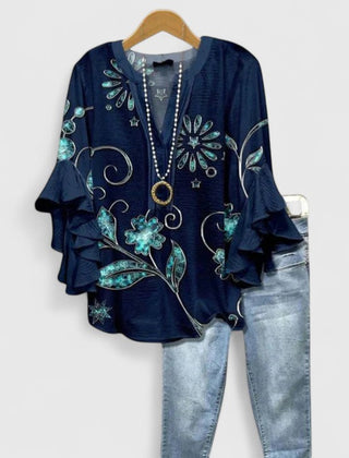 Women's Blouse | Ruffle Sleeve Floral Print V-Neck