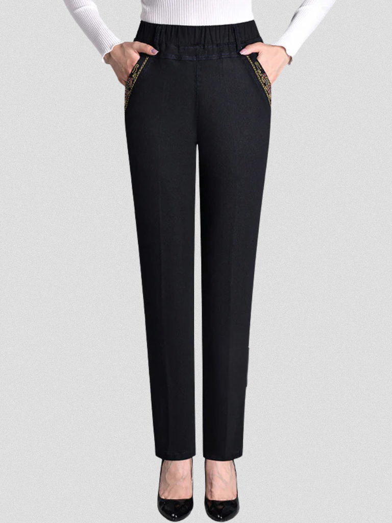 Women's Straight Leg Jeans | Elastic Waistband Functional Pockets Denim