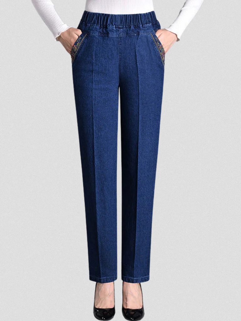 Women's Straight Leg Jeans | Elastic Waistband Functional Pockets Denim
