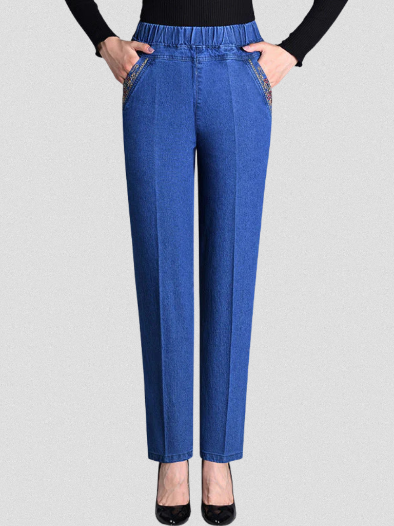 Women's Straight Leg Jeans | Elastic Waistband Functional Pockets Denim