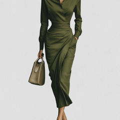 Women's Wrap Dress | Collared Long Sleeve Midi Ruched