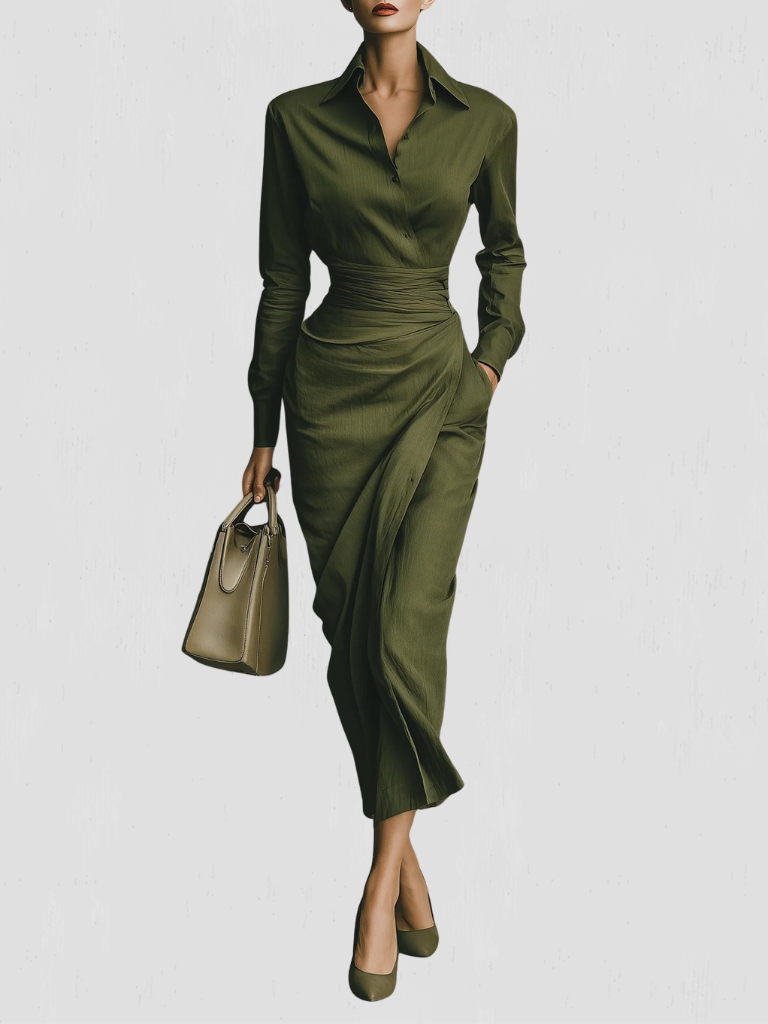 Women's Wrap Dress | Collared Long Sleeve Midi Ruched