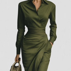 Women's Wrap Dress | Collared Long Sleeve Midi Ruched