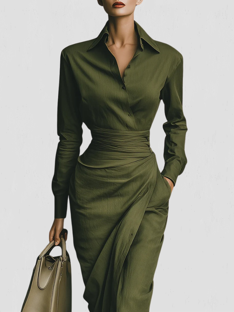 Women's Wrap Dress | Collared Long Sleeve Midi Ruched