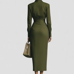 Women's Wrap Dress | Collared Long Sleeve Midi Ruched