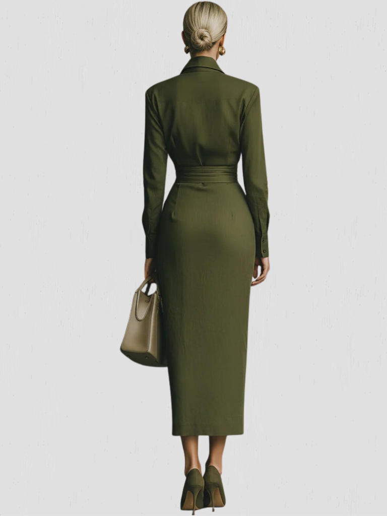 Women's Wrap Dress | Collared Long Sleeve Midi Ruched