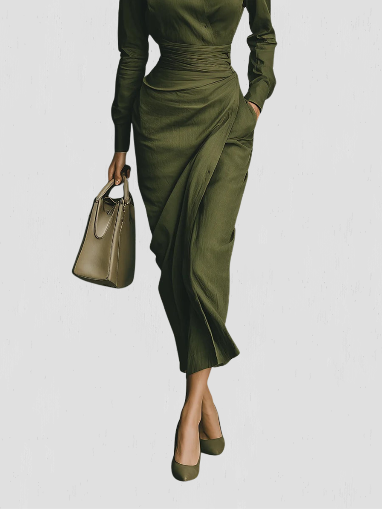 Women's Wrap Dress | Collared Long Sleeve Midi Ruched