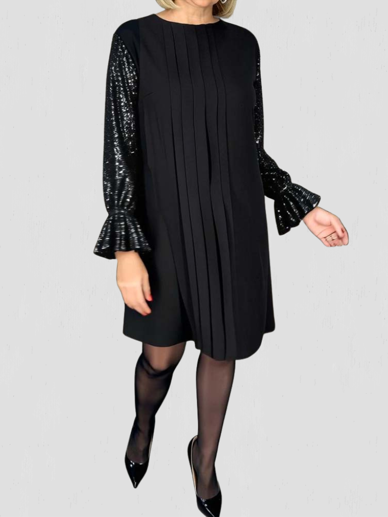 Women's Sequin Dress | Midi Length Pleated Sequin Sleeves