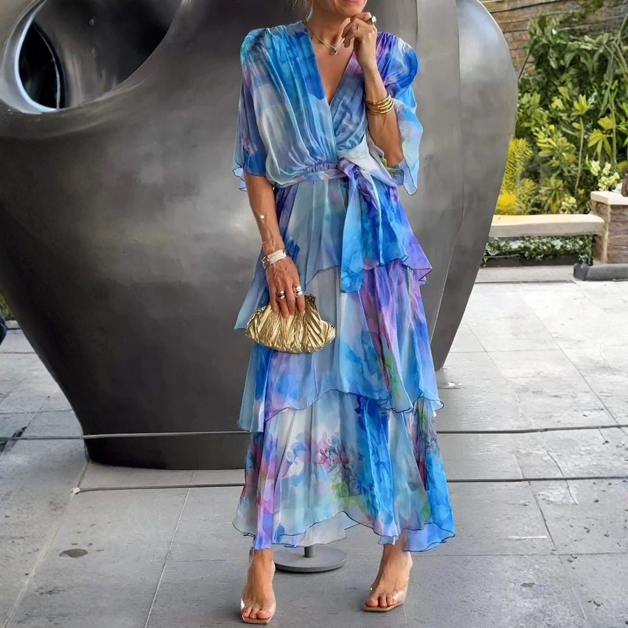 Women's Chiffon Dress | Maxi Length V-Neck Wrap Tiered Ruffles