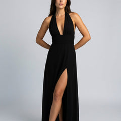 Women's Wedding Guest Dress | Maxi Halter Neck Leg Slit Polyester