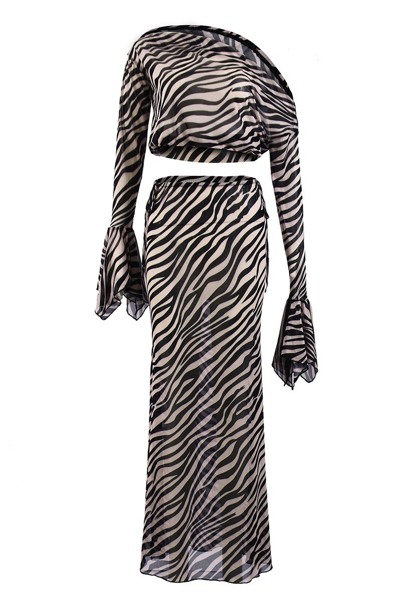 Women's Two Piece Skirt And Top | Zebra Print Cowl Neckline Bell Sleeves Mesh