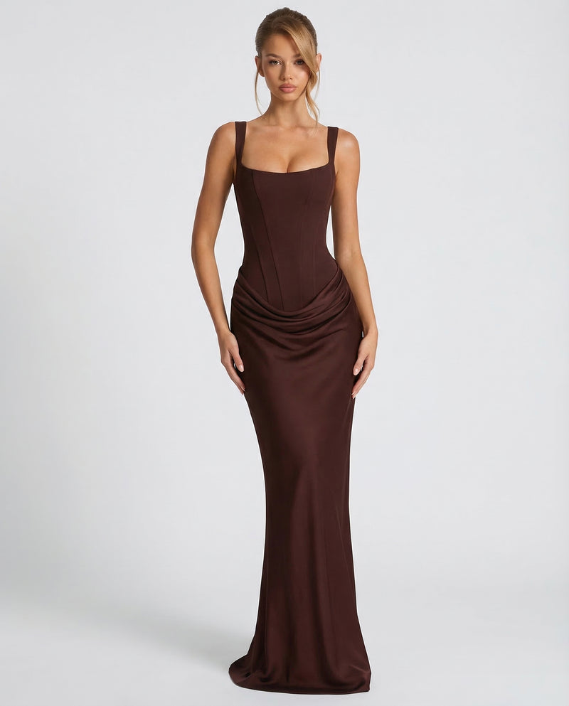 Women's Cocktail Dress | Maxi Satin Square Neckline Ruched