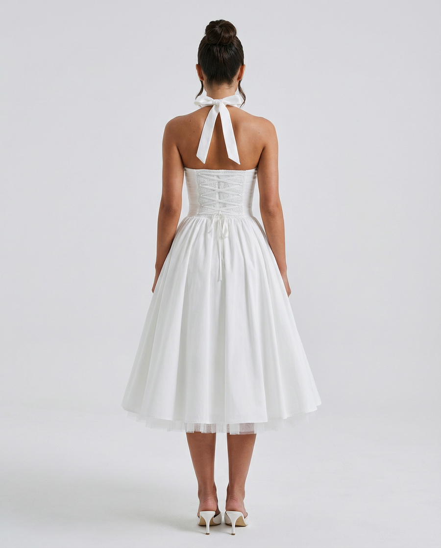 Women's White Dress | Midi Halter Neckline Fitted Bodice