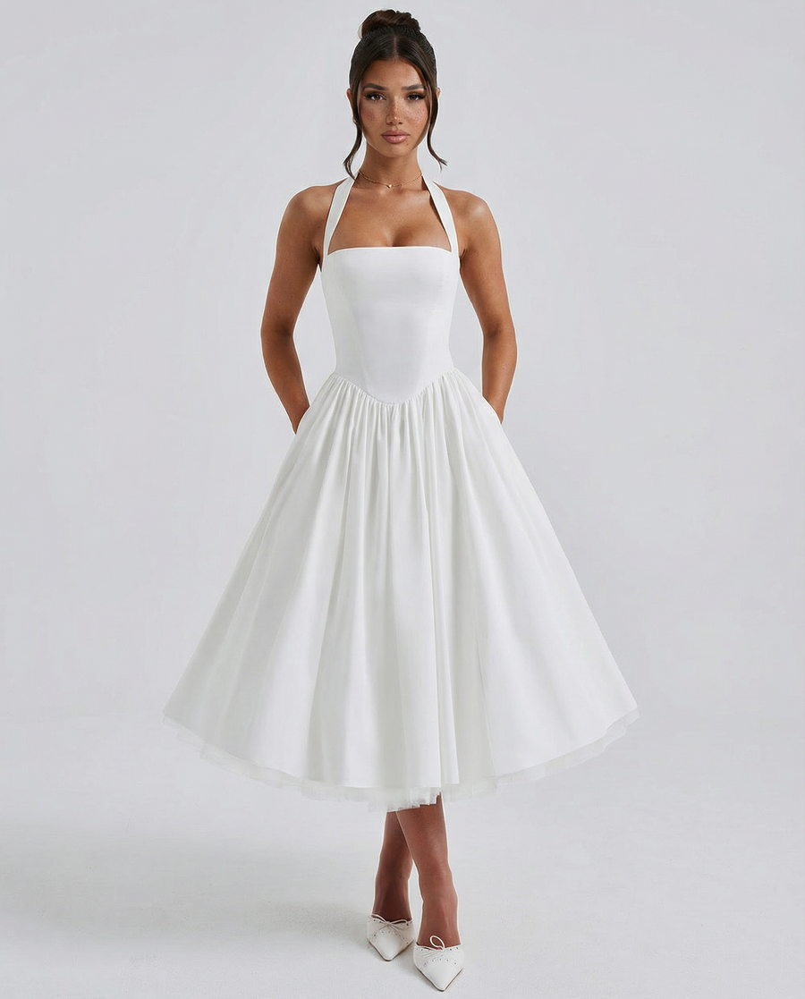 Women's White Dress | Midi Halter Neckline Fitted Bodice