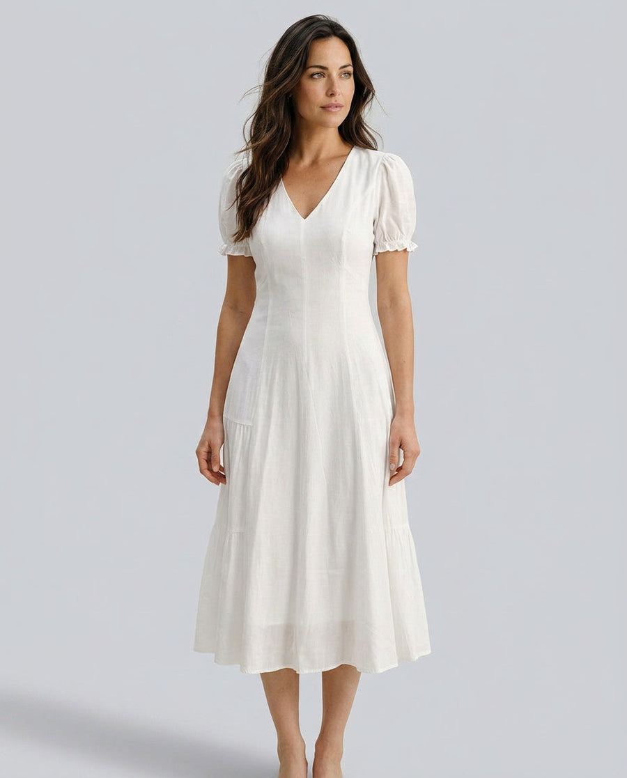 Women's White Midi Sundress | V-Neck Puffed Sleeve A-Line