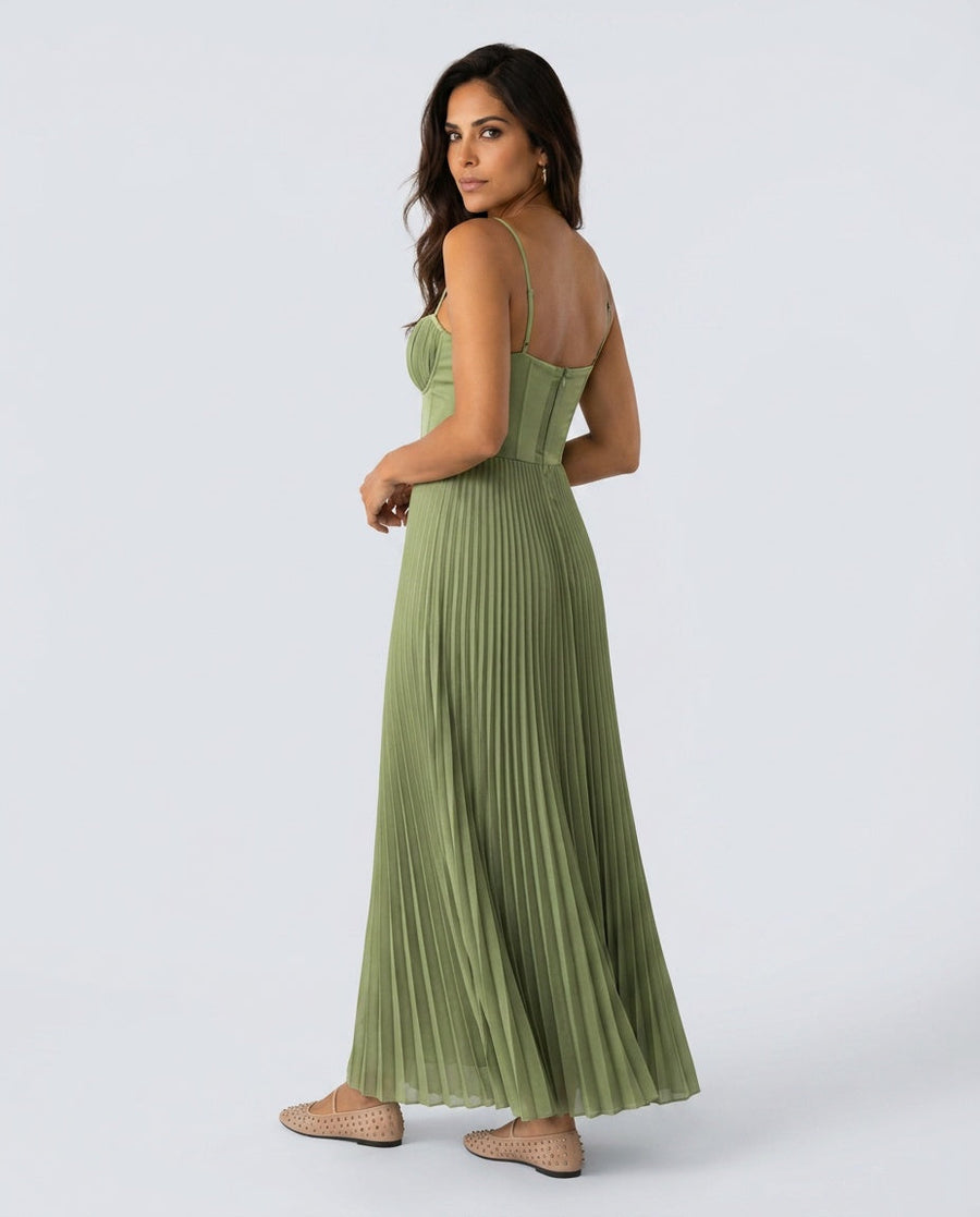 Women's Green Xmas Dress | Midi Sweetheart Pleated Sleeveless