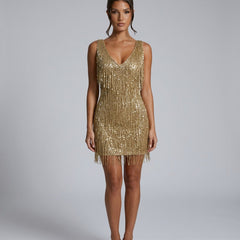 Women's Xmas Day Dress | Mini V-Neck Sleeveless Sequin Fringe