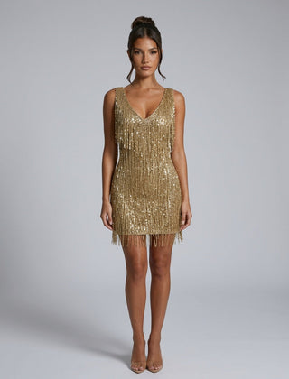 Women's Xmas Day Dress | Mini V-Neck Sleeveless Sequin Fringe