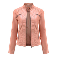 Women's Leather Jacket | Stand Collar Zip Closure Long Sleeve