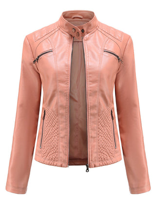 Women's Leather Jacket | Stand Collar Zip Closure Long Sleeve