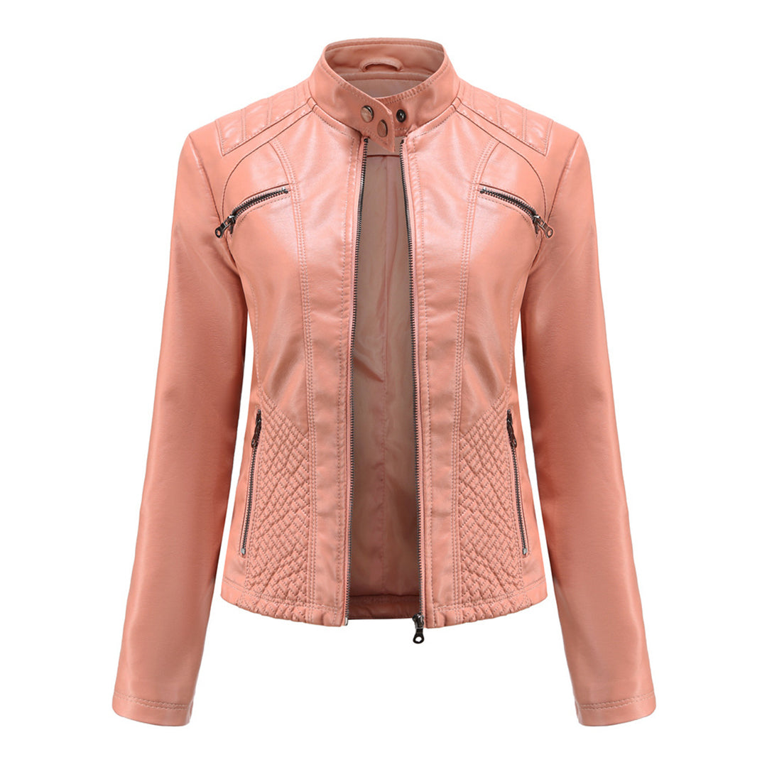 Women's Leather Jacket | Stand Collar Zip Closure Long Sleeve