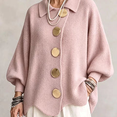 Women's Cardigan | Oversized Lantern Sleeves Scalloped Hem Button Closure