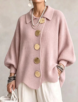 Women's Cardigan | Oversized Lantern Sleeves Scalloped Hem Button Closure
