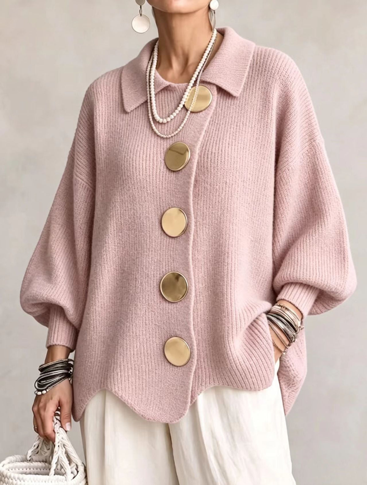Women's Cardigan | Oversized Lantern Sleeves Scalloped Hem Button Closure