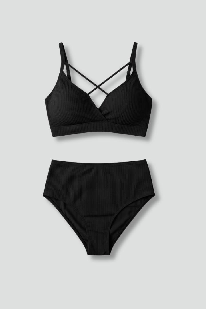 Women's High Waisted Bikini Bottom | Criss Cross Strap Ribbed Knit