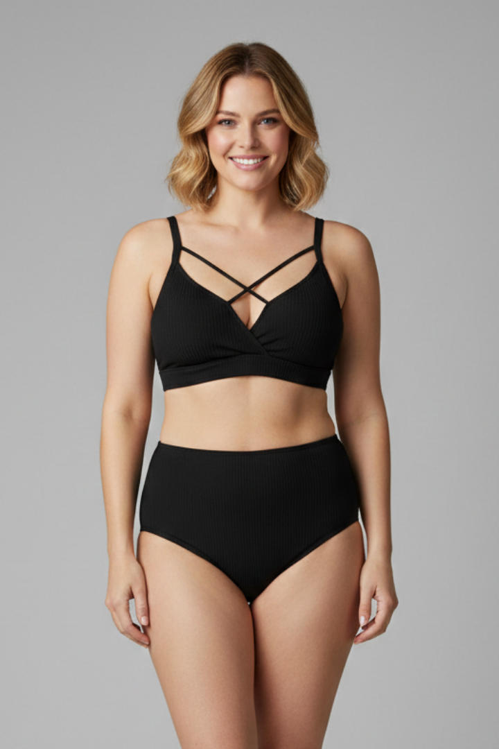 Women's High Waisted Bikini Bottom | Criss Cross Strap Ribbed Knit