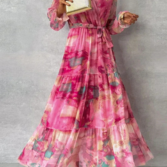 Women's Wedding Guest Dress | Maxi Length V-Neck Floral Print Long Sleeve