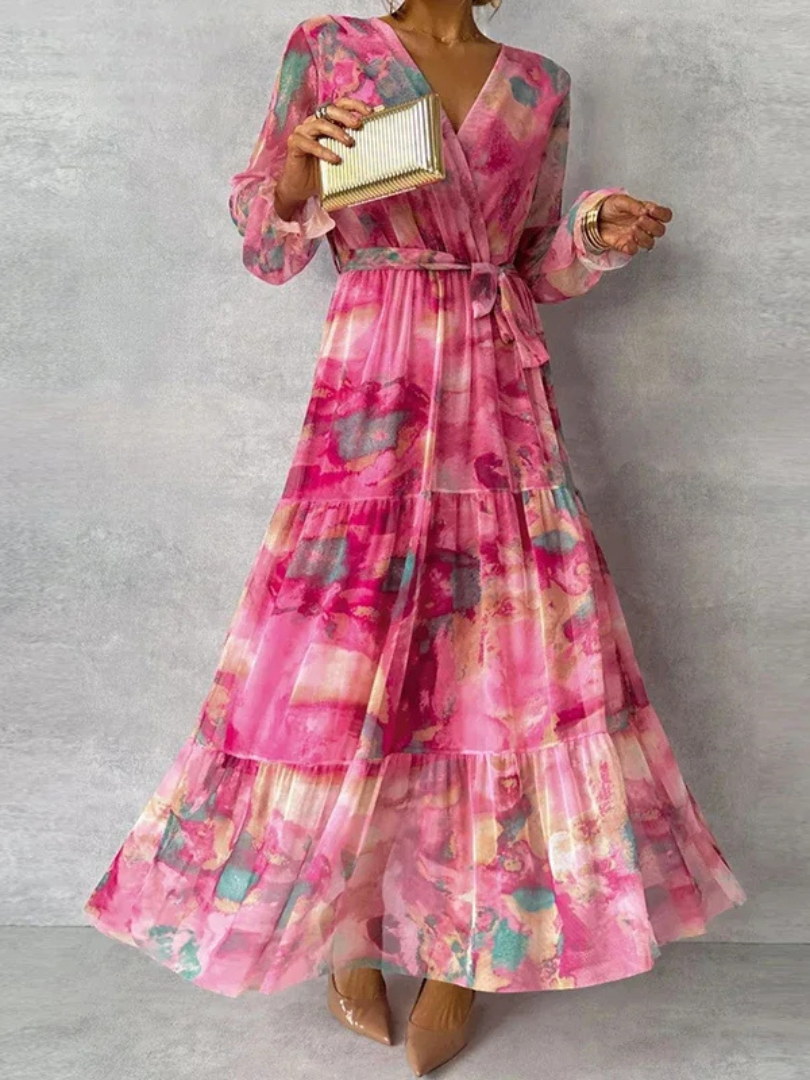 Women's Wedding Guest Dress | Maxi V-Neck Floral Print Puff Sleeve