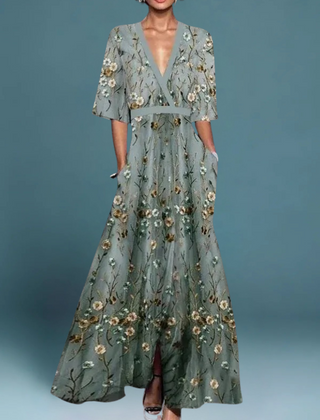 Women's Mother Of The Bride Dress | V-Neck Maxi Floral Embroidered