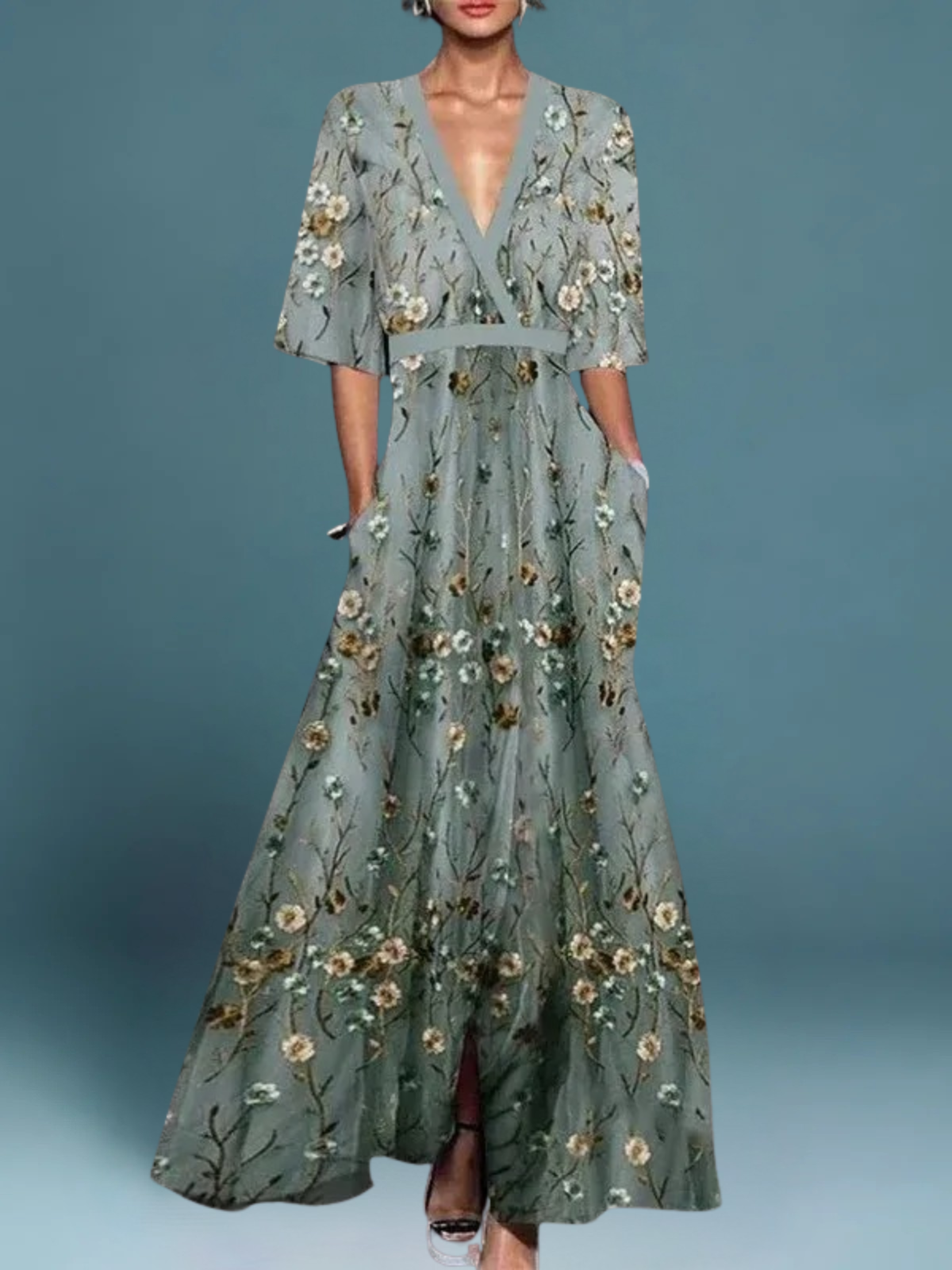 Women's Mother Of The Bride Dress | V-Neck Maxi Floral Embroidered