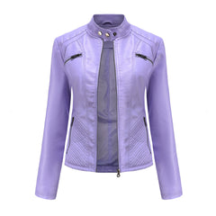 Women's Leather Jacket | Stand Collar Zip Closure Long Sleeve