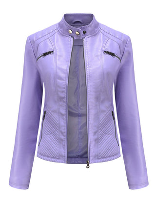 Women's Leather Jacket | Stand Collar Zip Closure Long Sleeve