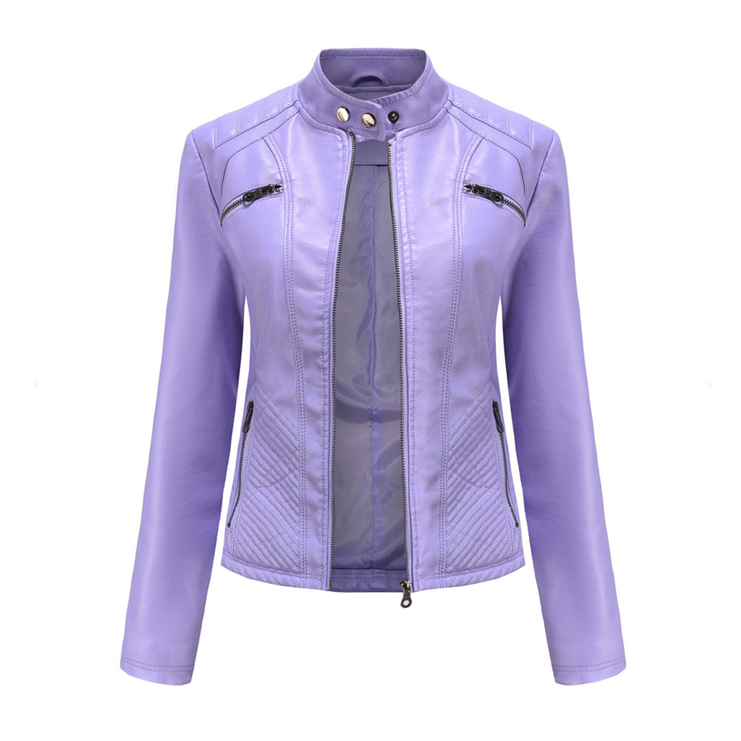 Women's Leather Jacket | Stand Collar Zip Closure Long Sleeve