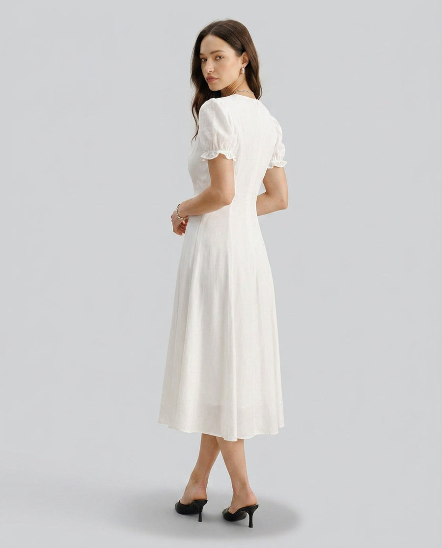 Women's White Midi Sundress | V-Neck Puffed Sleeve A-Line