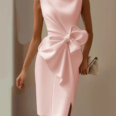 Women's Knee Length Cocktail Dress | Sleeveless Crew Neck Bow Detail