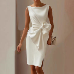 Women's Knee Length Cocktail Dress | Sleeveless Crew Neck Bow Detail