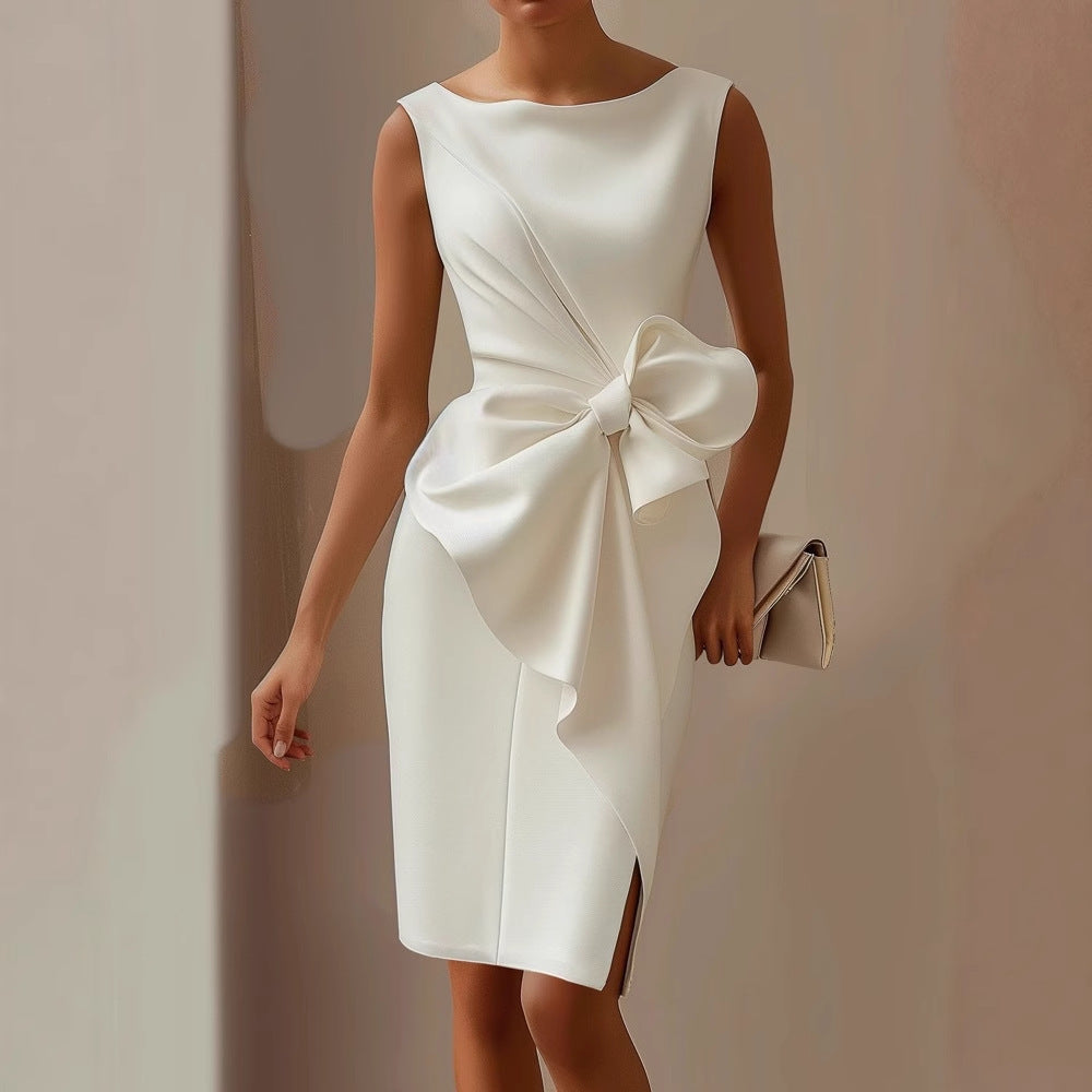 Women's Knee Length Cocktail Dress | Sleeveless Crew Neck Bow Detail