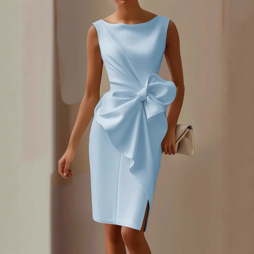 Women's Knee Length Cocktail Dress | Sleeveless Crew Neck Bow Detail