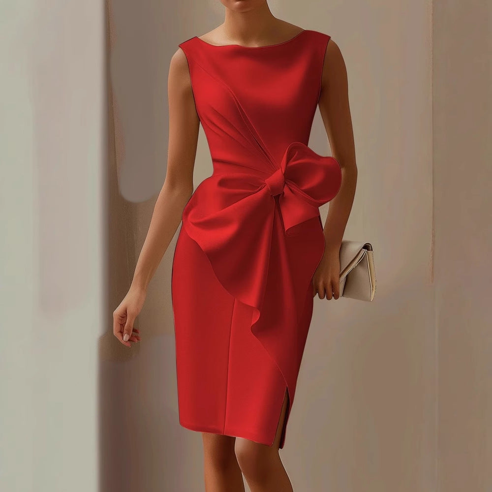 Women's Knee Length Cocktail Dress | Sleeveless Crew Neck Bow Detail