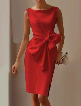 Women's Knee Length Cocktail Dress | Sleeveless Crew Neck Bow Detail