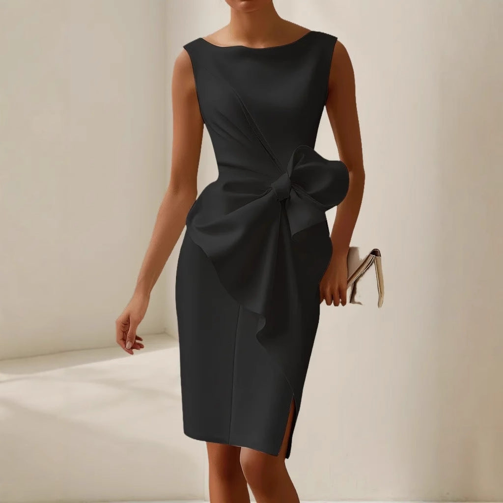 Women's Knee Length Cocktail Dress | Sleeveless Crew Neck Bow Detail