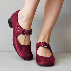 Women's Leather Sandals | Mary Jane Strap Closed Toe Low Heel