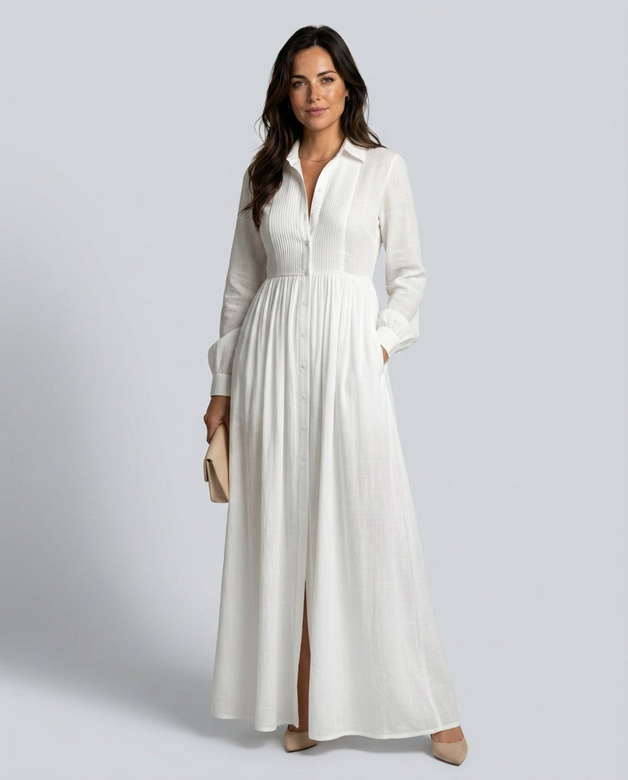 Women's White Dress | Maxi Long Sleeve Button Front